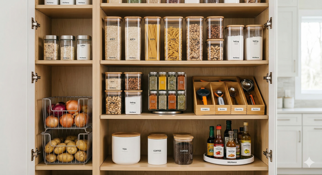 A beautifully organized modern kitchen pantry with clear airtight containers, stackable racks, and sleek storage solutions from Kitchlance.