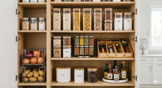 A beautifully organized modern kitchen pantry with clear airtight containers, stackable racks, and sleek storage solutions from Kitchlance.