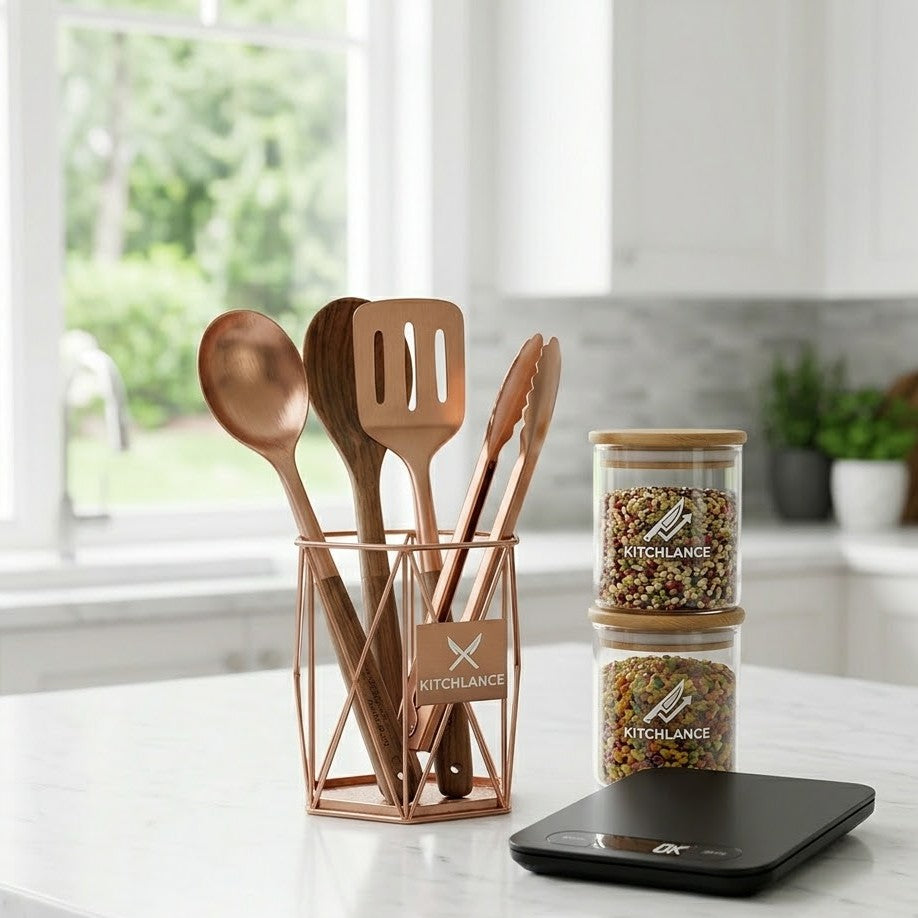 এখানে বর্গাকার (1:1) ছবিটির জন্য একটি ছোট এবং SEO-বান্ধব Alt Text দেওয়া হলো:  > "A square view of new Kitchlance kitchen products, including copper utensils, a digital scale, and labeled spice jars, on a white marble counter in a bright modern kitchen."