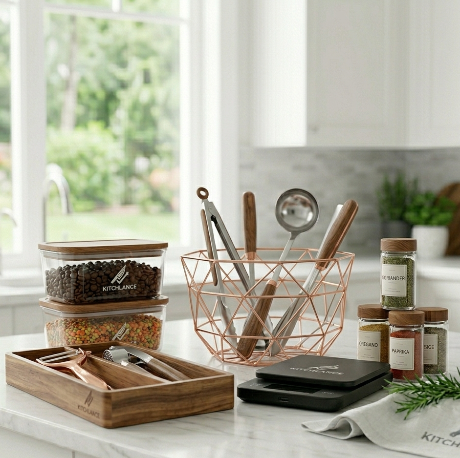 Kitchlance kitchen storage collection featuring labeled glass jars, a wire fruit bowl, and wooden organizers on a marble counter.