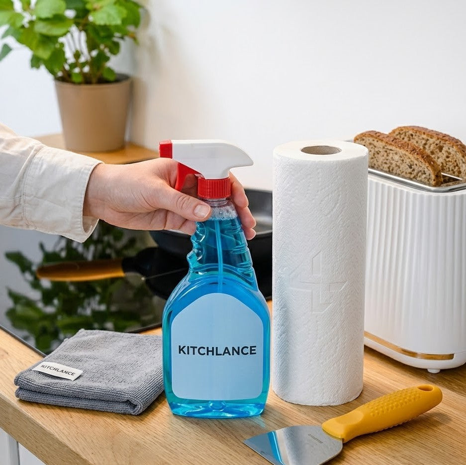 A coordinated set of Kitchlance kitchen cleaning supplies: blue spray cleaner, a roll of paper towels, a folded microfiber cloth, and a scraper tool on a wooden counter.