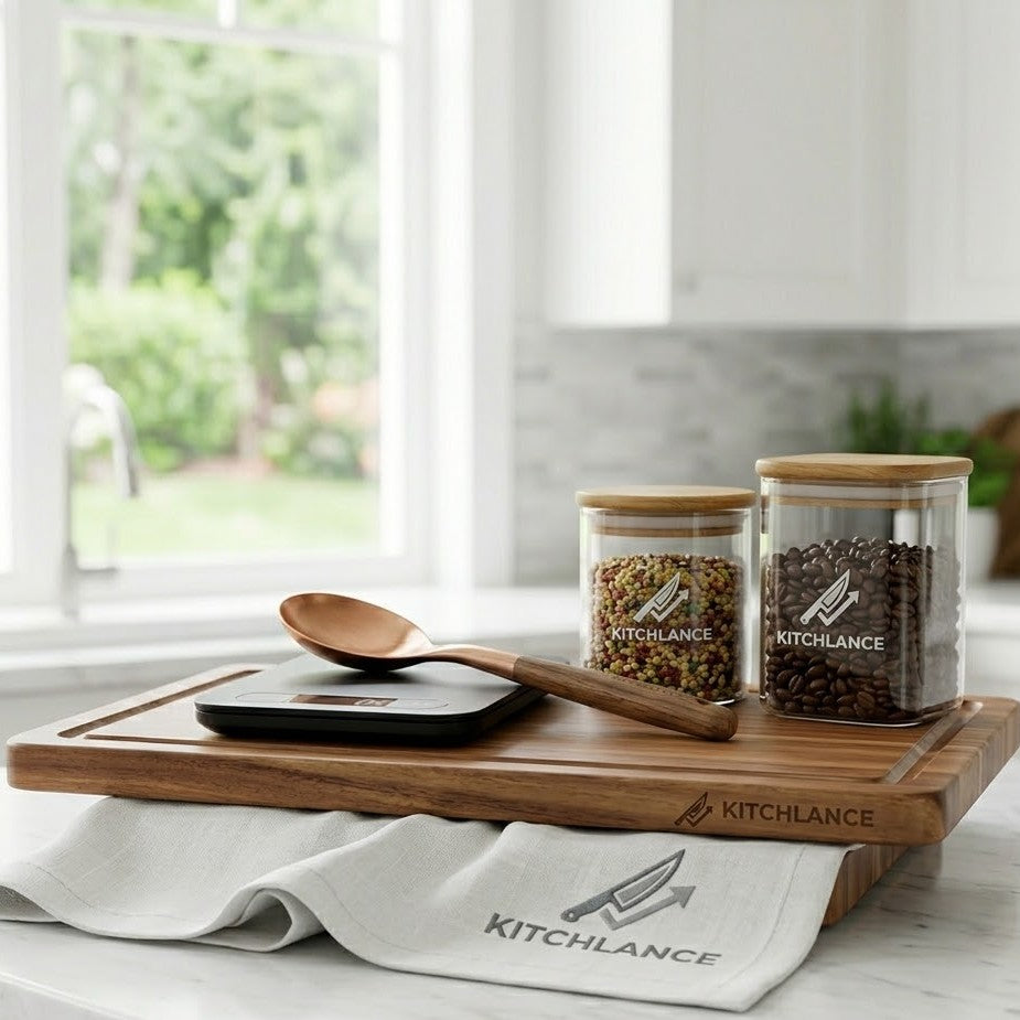 Kitchlance best-selling kitchen products on a white marble counter.