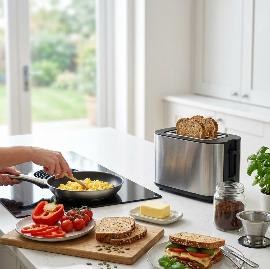 A close-up of modern breakfast preparation: cooking eggs and toast on a sleek kitchen counter.