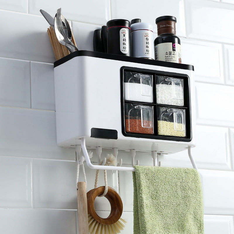 Wall-Mounted Multi-Function Seasoning Box – Punch-Free Kitchen Spice Organizer Rack (ABS Material, Blue/Black & White)