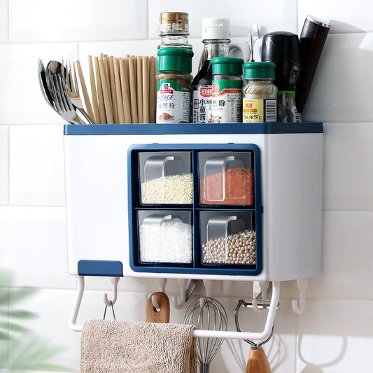 Wall-Mounted Multi-Function Seasoning Box – Punch-Free Kitchen Spice Organizer Rack (ABS Material, Blue/Black & White)