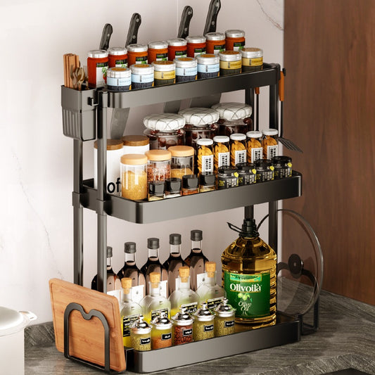 Multi-Layer Kitchen Seasoning Rack – Punch-Free Wall Mounted Storage Organizer with Chopstick Holder & Hooks (Modern Black Kitchen Shelf)