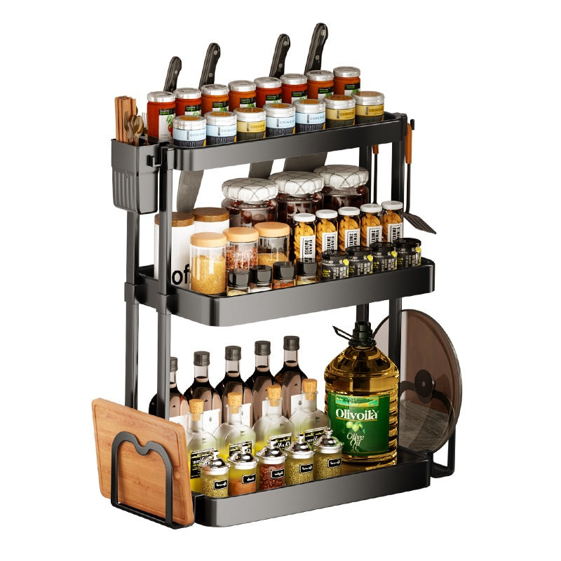 Multi-Layer Kitchen Seasoning Rack – Punch-Free Wall Mounted Storage Organizer with Chopstick Holder & Hooks (Modern Black Kitchen Shelf)