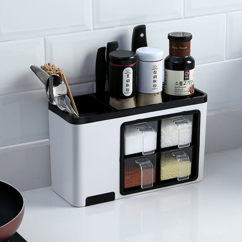 Wall-Mounted Multi-Function Seasoning Box – Punch-Free Kitchen Spice Organizer Rack (ABS Material, Blue/Black & White)