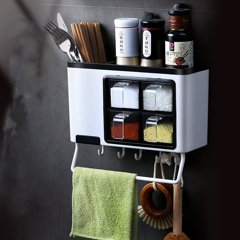 Wall-Mounted Multi-Function Seasoning Box – Punch-Free Kitchen Spice Organizer Rack (ABS Material, Blue/Black & White)