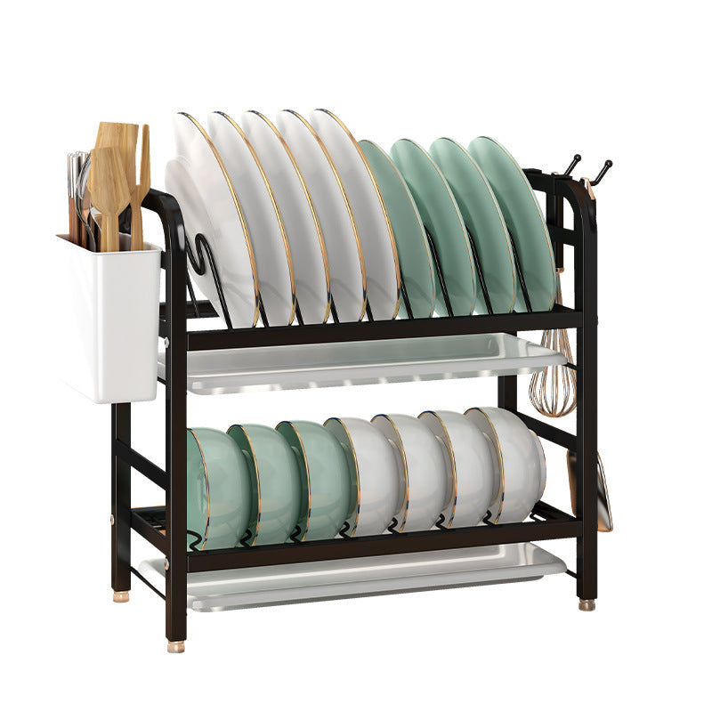 Double Layer Kitchen Storage Rack – Carbon Steel Dish Rack with Chopstick Holder & Hooks (Black/White, Space Saving Organizer)
