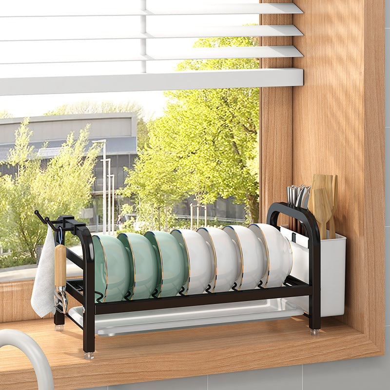 Double Layer Kitchen Storage Rack – Carbon Steel Dish Rack with Chopstick Holder & Hooks (Black/White, Space Saving Organizer)