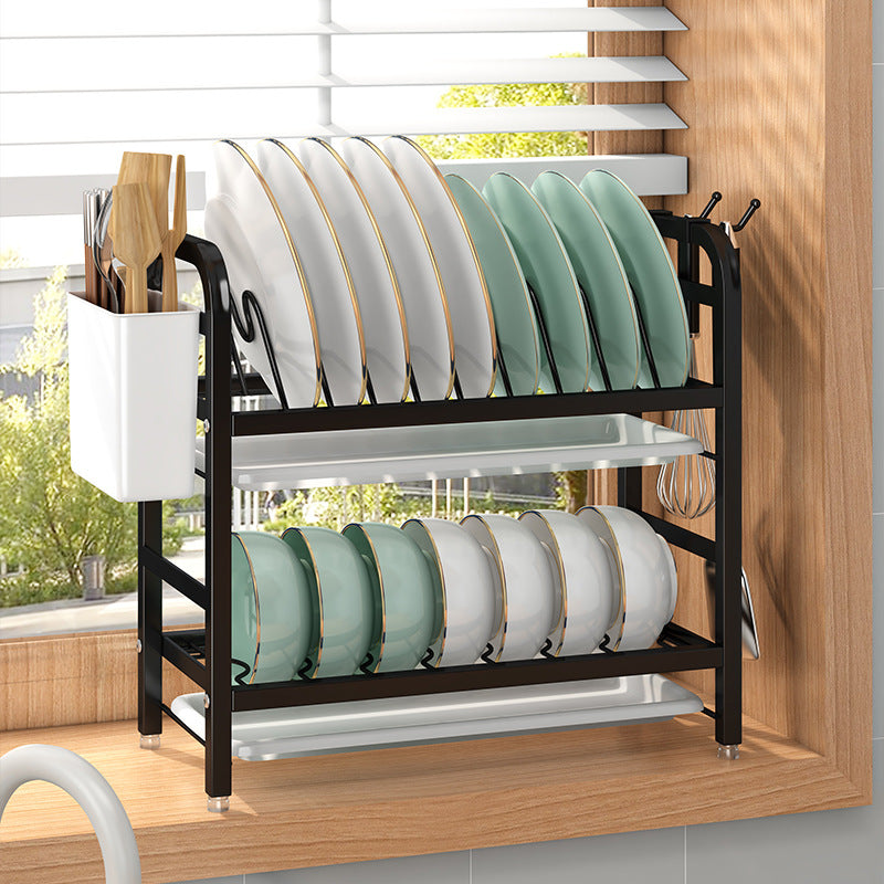 Double Layer Kitchen Storage Rack – Carbon Steel Dish Rack with Chopstick Holder & Hooks (Black/White, Space Saving Organizer)