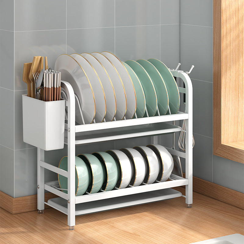 Double Layer Kitchen Storage Rack – Carbon Steel Dish Rack with Chopstick Holder & Hooks (Black/White, Space Saving Organizer)